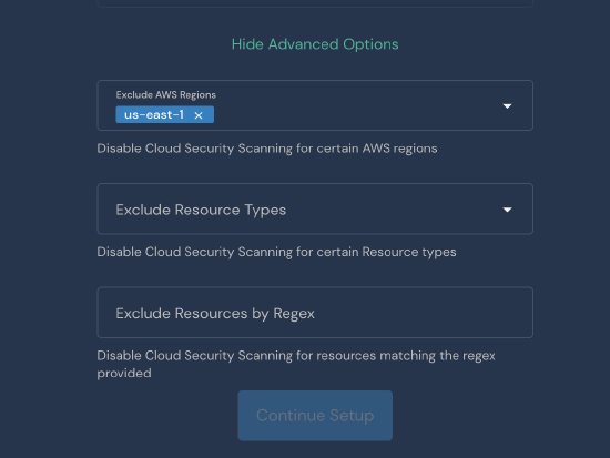 The "Advanced Options" window displays which AWS Regions to exclude. In this simage, it excludes us-east-1. The window also displays options to Exclude Resource Types and Exclude Resources by Regex.